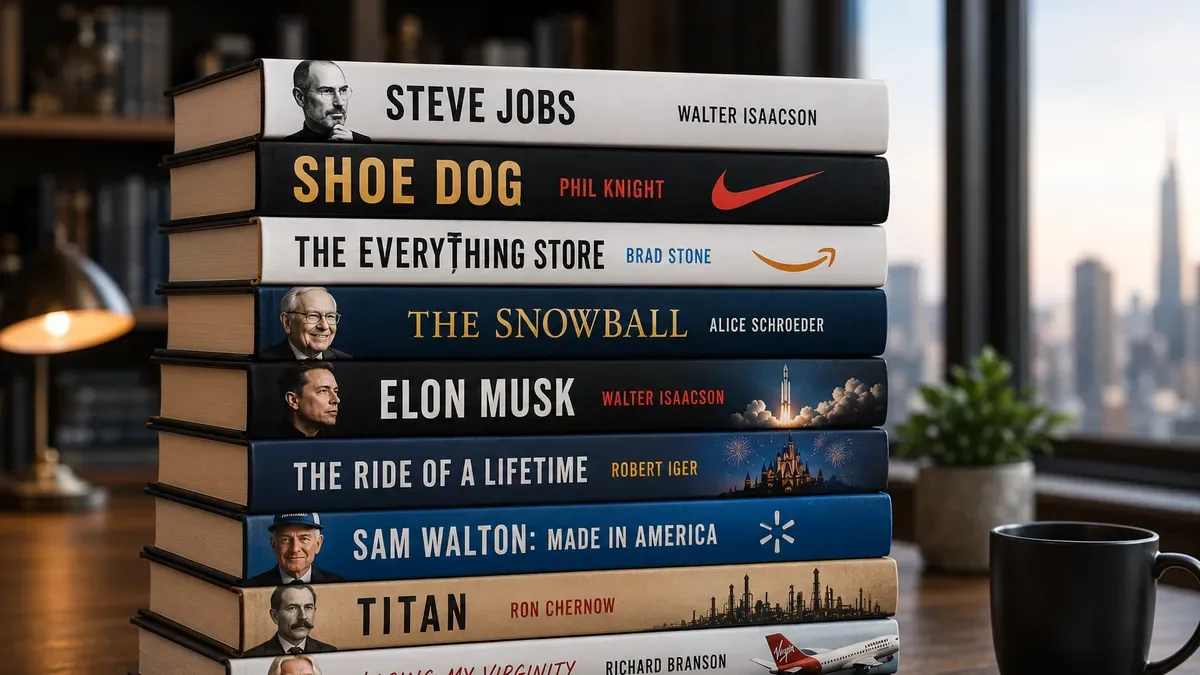 Estantería con libros de biografías de empresarios como Jobs, Bezos y Walton