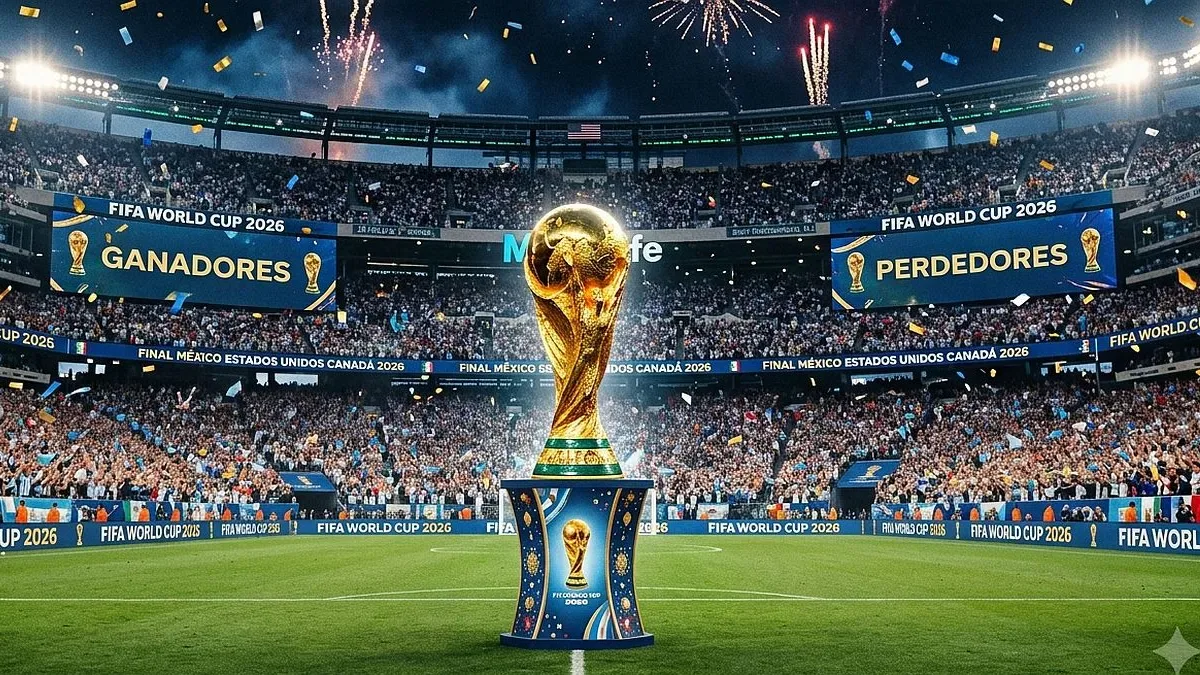 Trofeo de la Copa del Mundo rodeado de billetes y aficionados con caras de decepción
