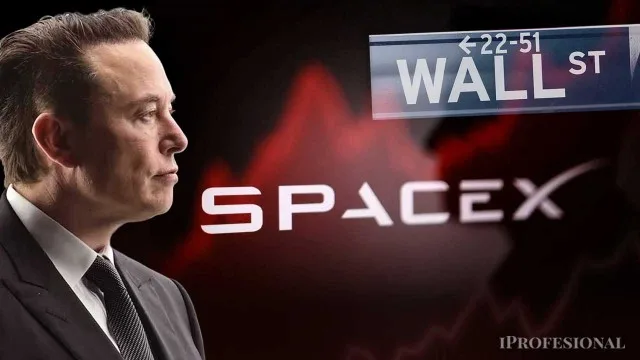 Gráfico de la acción de SpaceX cayendo con flecha roja descendente y logo de la empresa