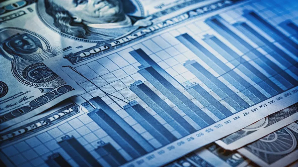 Billetes de dólares azules y argentinos sobre un gráfico de cotizaciones cambiarias