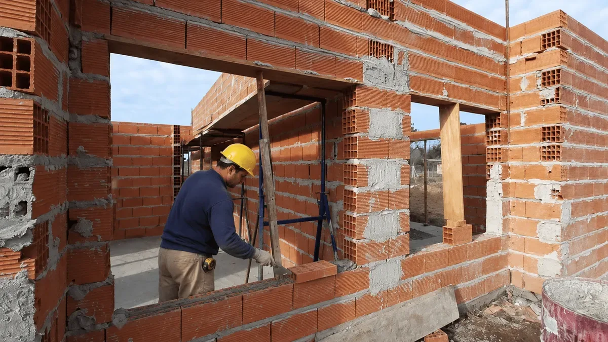 Obreros de la construcción trabajando en una obra en altura con cascos y herramientas
