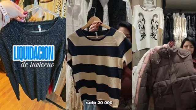 Percheros con camperas y suéteres en oferta durante liquidación de invierno en una tienda de ropa