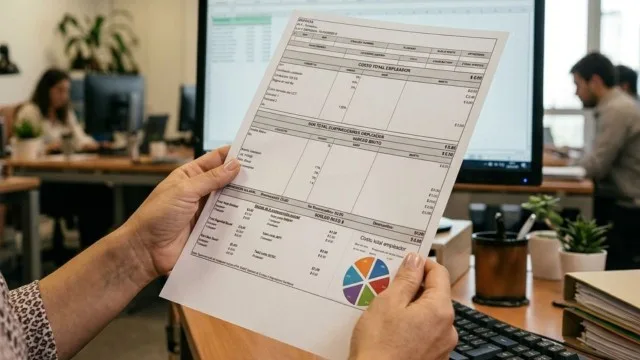 Empleado revisando un recibo de sueldo digital en su computadora de oficina