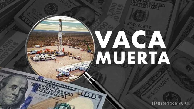Plataforma de perforación en Vaca Muerta con operarios y equipamiento al atardecer