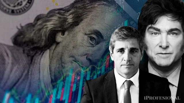 Billetes de dólares y pesos argentinos apilados con gráfico de tipo de cambio al fondo