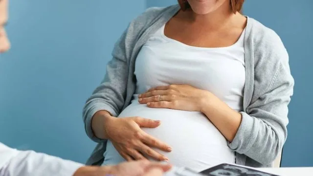 Mujer embarazada completando formulario en oficina de ANSES