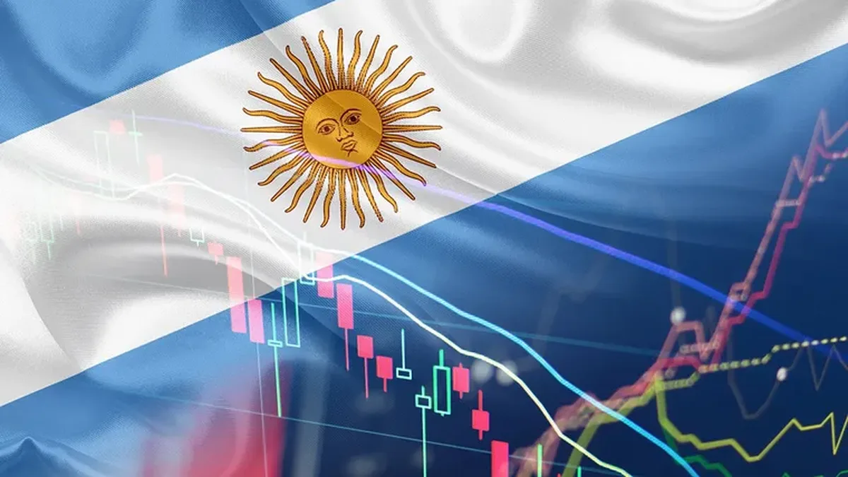 Gráfico de riesgo país argentino con curva descendente y bonos soberanos en pantalla de trading