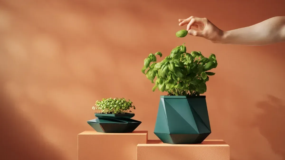 Maceta inteligente expansible con planta verde en crecimiento sobre mesa de madera