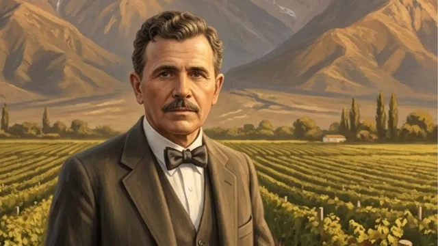 Nicola Catena joven junto a viñedos de Malbec en Mendoza a principios del siglo XX