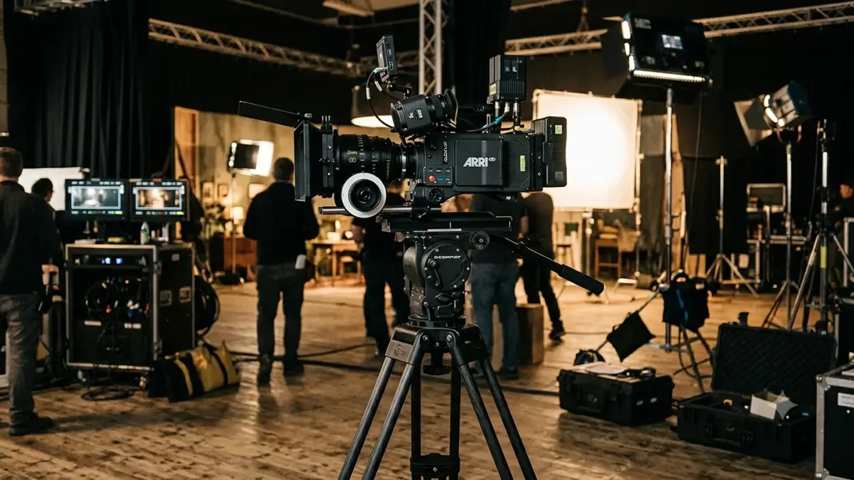 Cámara de cine sobre trípode en un set de rodaje