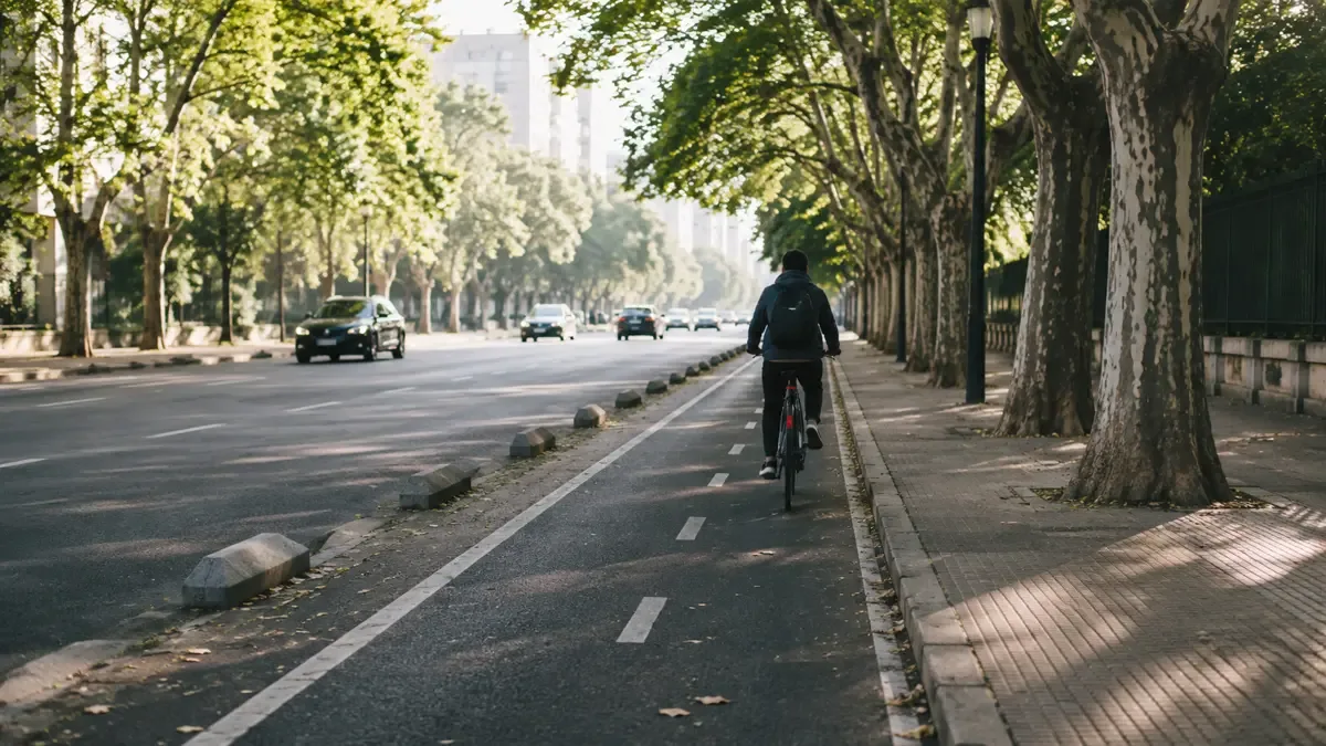 Bicisenda pintada junto al cordón de una avenida arbolada