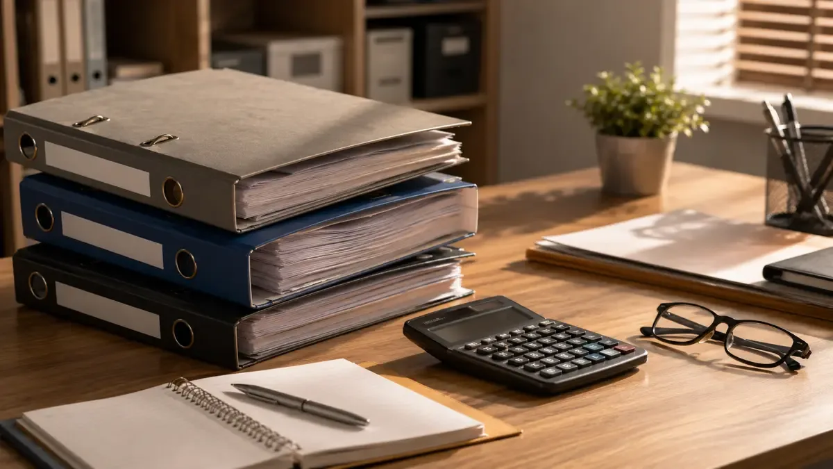 Escritorio con carpetas apiladas, calculadora y anteojos