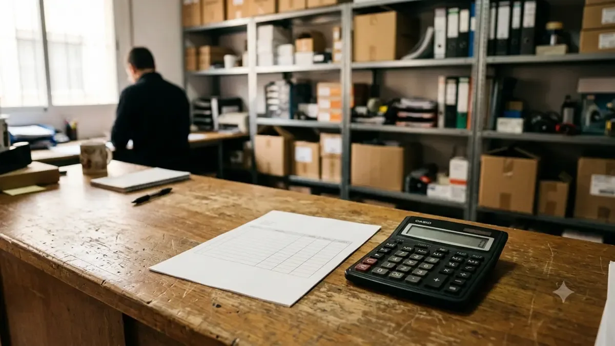 Un recibo salarial completamente en blanco junto a una calculadora en la trastienda ordenada de un comercio, vista en tres cuartos, profundidad de campo suave