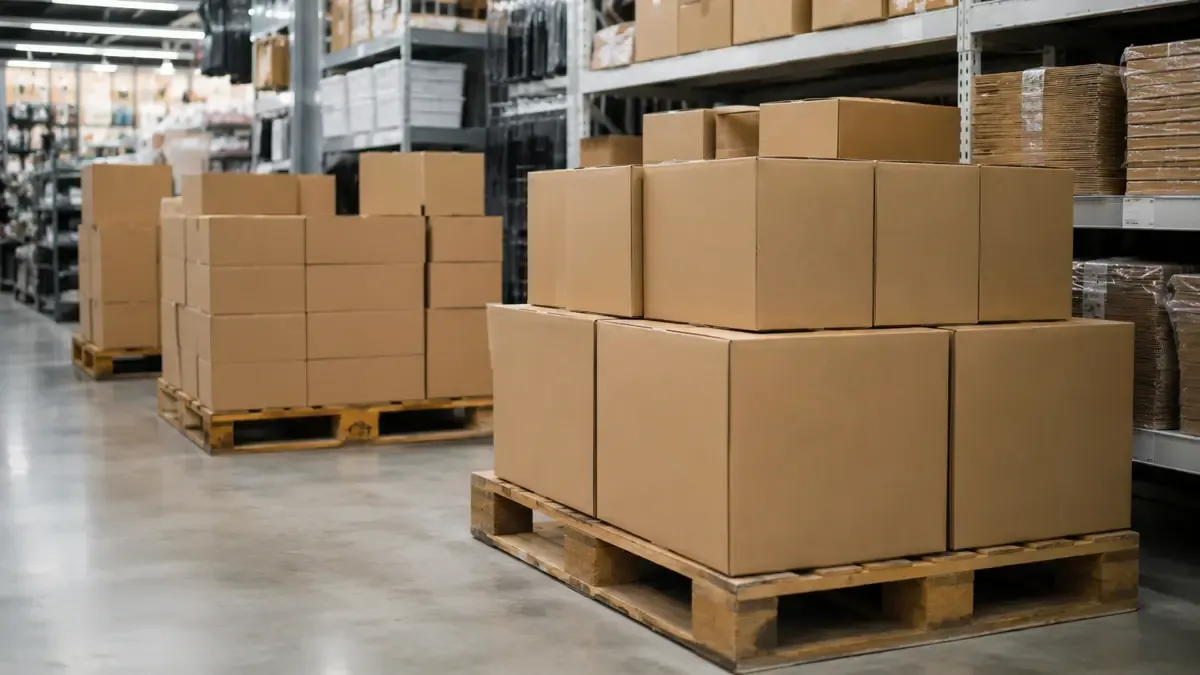 Pallets y cajas lisas preparados para despacho en una góndola de comercio sin marcas visibles, vista en tres cuartos, profundidad de campo suave