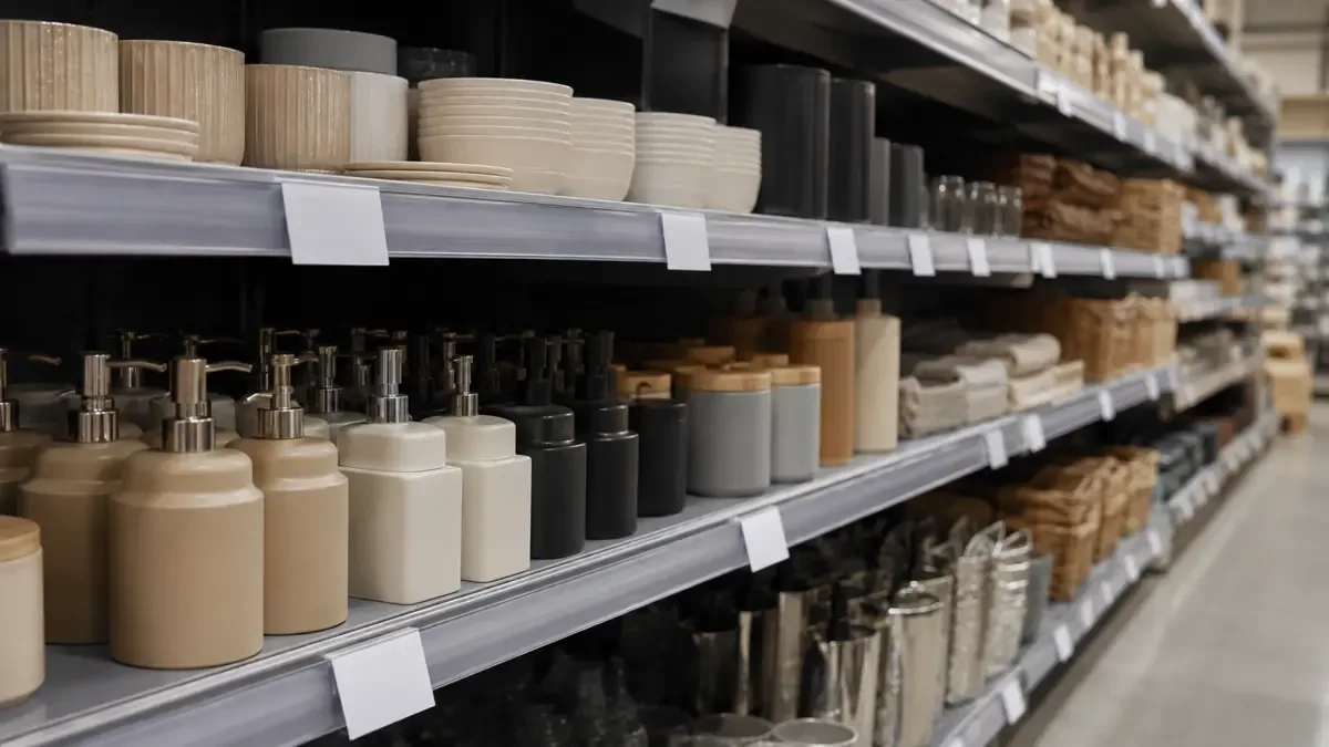 Etiquetas de precio en blanco junto a productos genéricos en una góndola de comercio sin marcas visibles, vista en tres cuartos, profundidad de campo suave