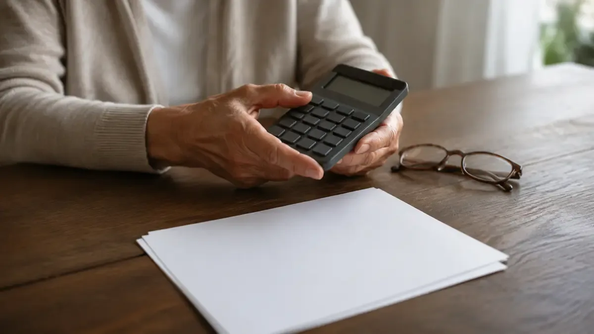Manos de una persona mayor con calculadora y lentes de lectura