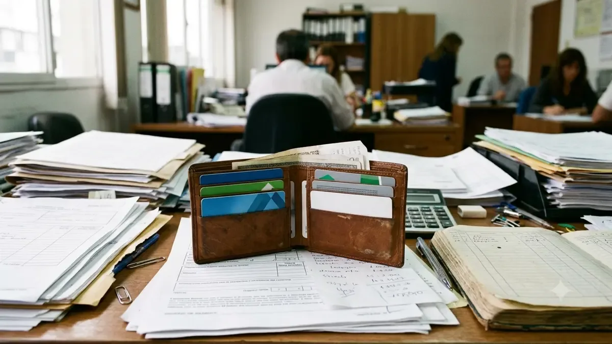 Una billetera abierta con tarjetas completamente genéricas en un escritorio contable con papeles sin texto, plano medio