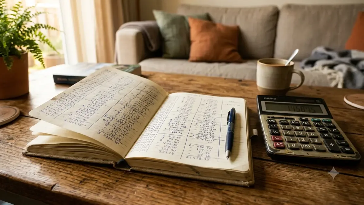 Libreta abierta con columnas de números y una calculadora sobre una mesa