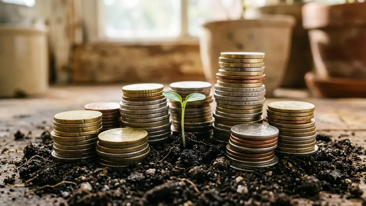 Brote verde creciendo entre pilas de monedas de distinta altura