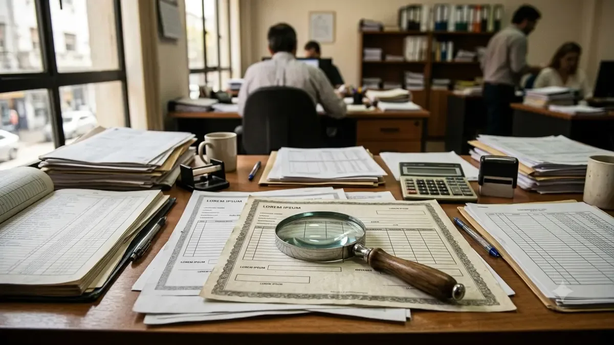 Certificados financieros genéricos sin texto junto a una lupa en un escritorio contable con papeles sin texto, plano medio