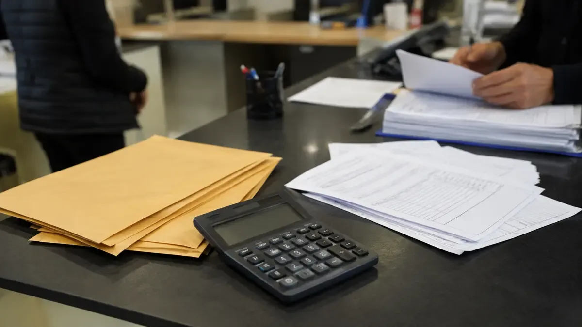 Planillas sin cifras, calculadora y sobres de cobros en un sector de caja sin marcas ni cifras, vista en tres cuartos