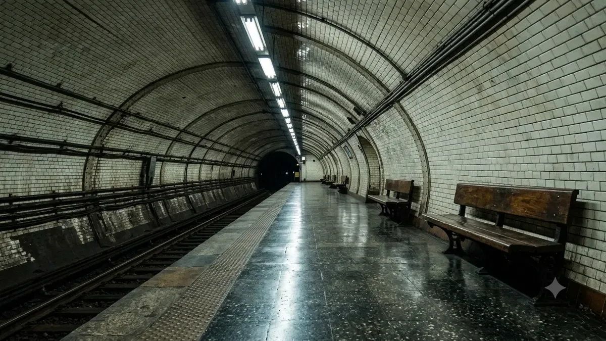 Andén de subte vacío con bóveda de azulejos antiguos y bancos de madera