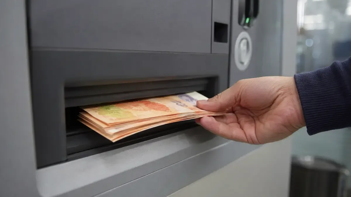 Bandeja de un cajero automático entregando un mazo de billetes
