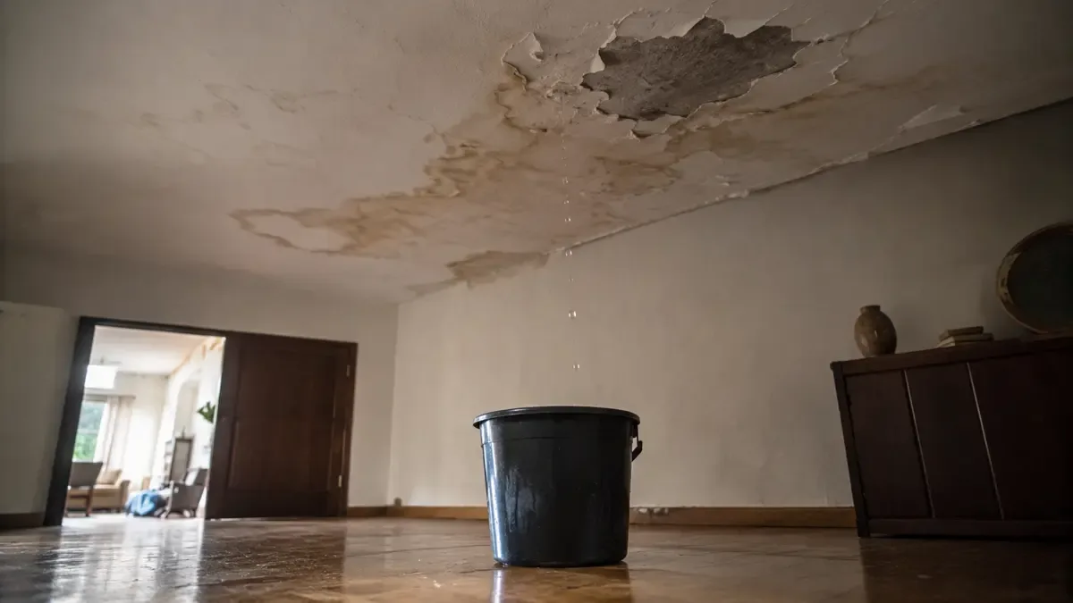 Mancha de humedad con pintura descascarada en el techo y un balde en el piso recogiendo goteras
