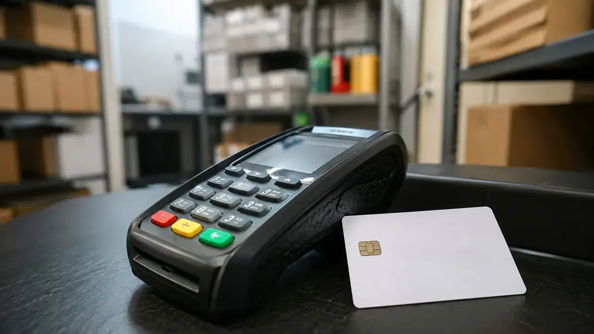Un teclado de cajero y una tarjeta sin marca vistos de cerca en la trastienda ordenada de un comercio, vista en tres cuartos, profundidad de campo suave