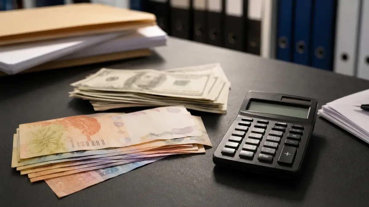 Billetes argentinos y estadounidenses sin cifras legibles junto a una calculadora en un archivo administrativo con carpetas lisas, vista en tres cuartos, profundidad de campo suave