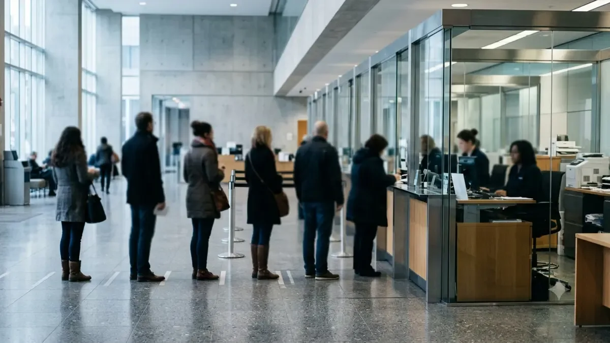 Personas de espaldas esperando frente a un mostrador bancario