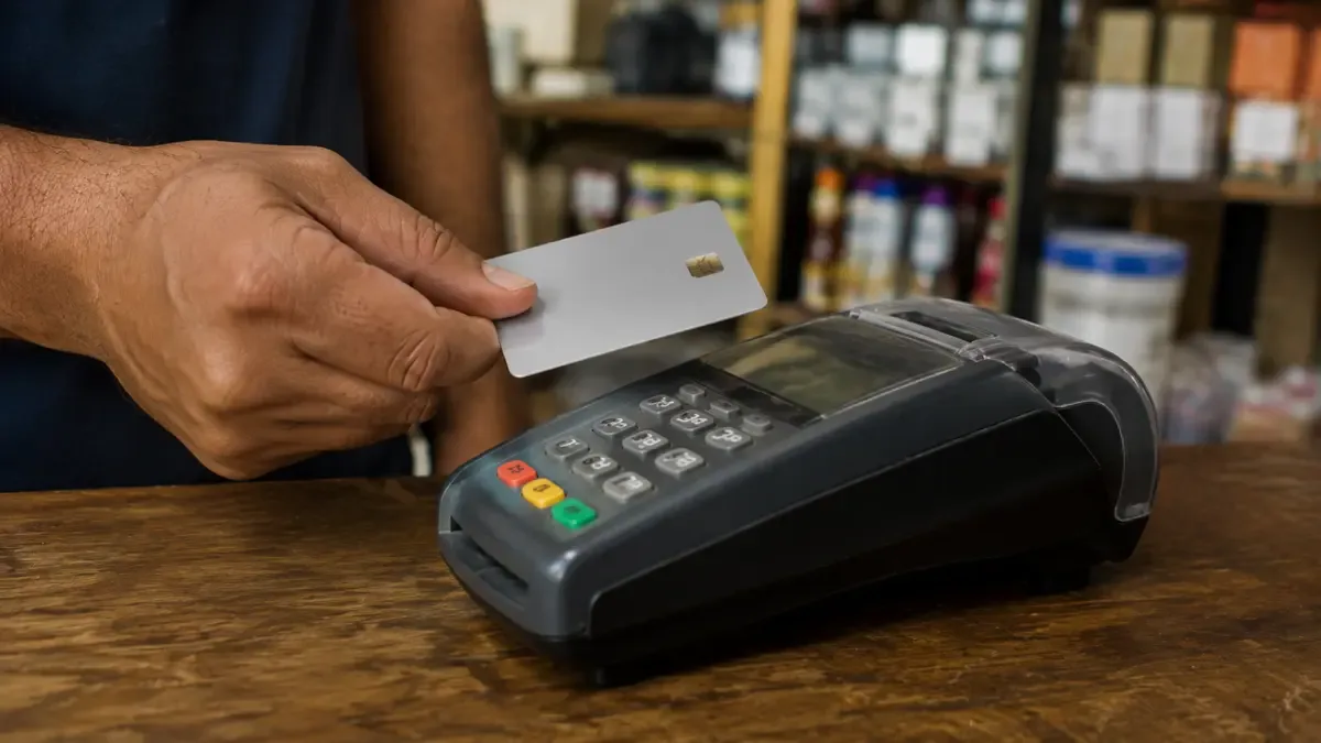 Un teclado de cajero y una tarjeta sin marca vistos de cerca en la trastienda ordenada de un comercio, plano medio documental, perspectiva natural