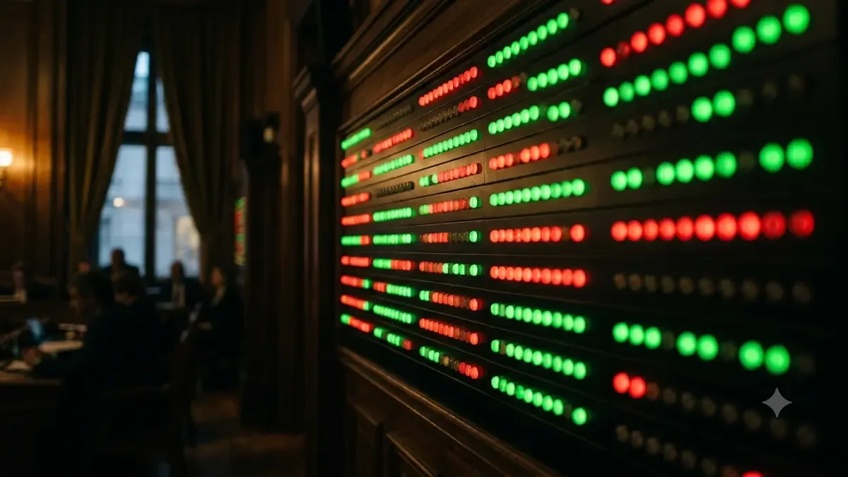 Tablero electrónico con filas de luces verdes y rojas encendidas