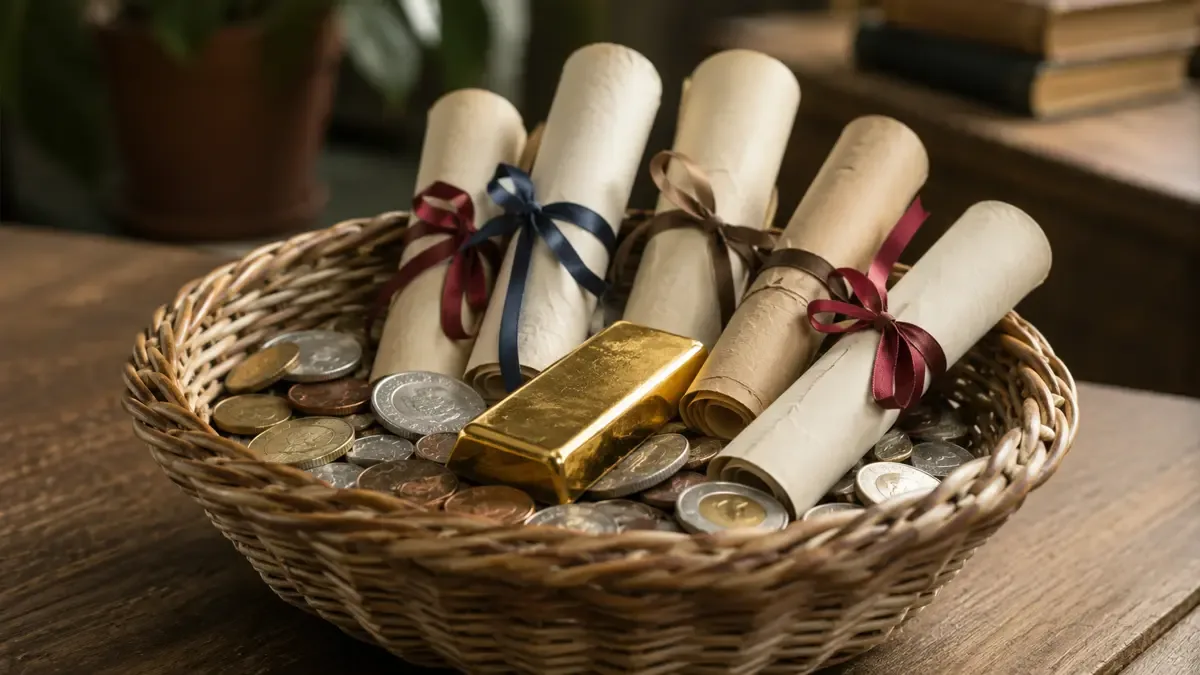 Canasta de mimbre con monedas, un lingote y certificados enrollados