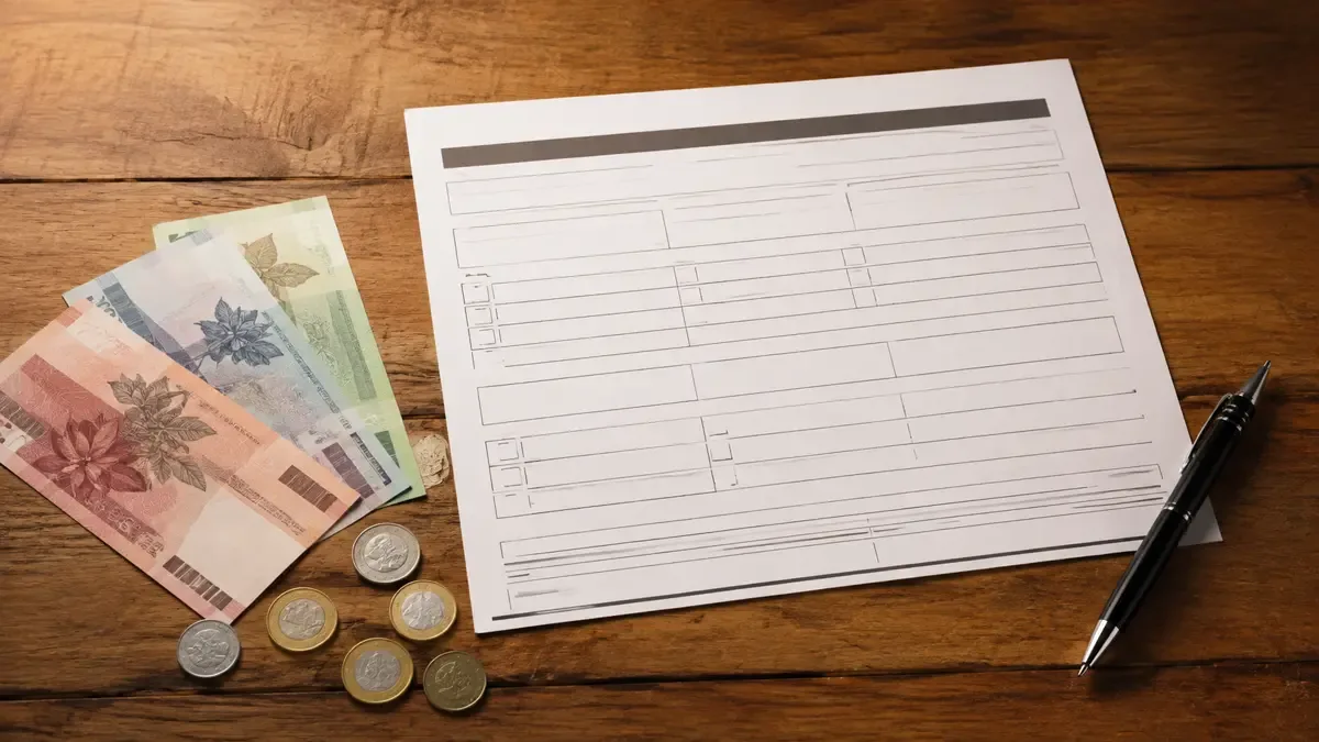 Formulario con casilleros vacíos apoyado junto a billetes de colores y monedas