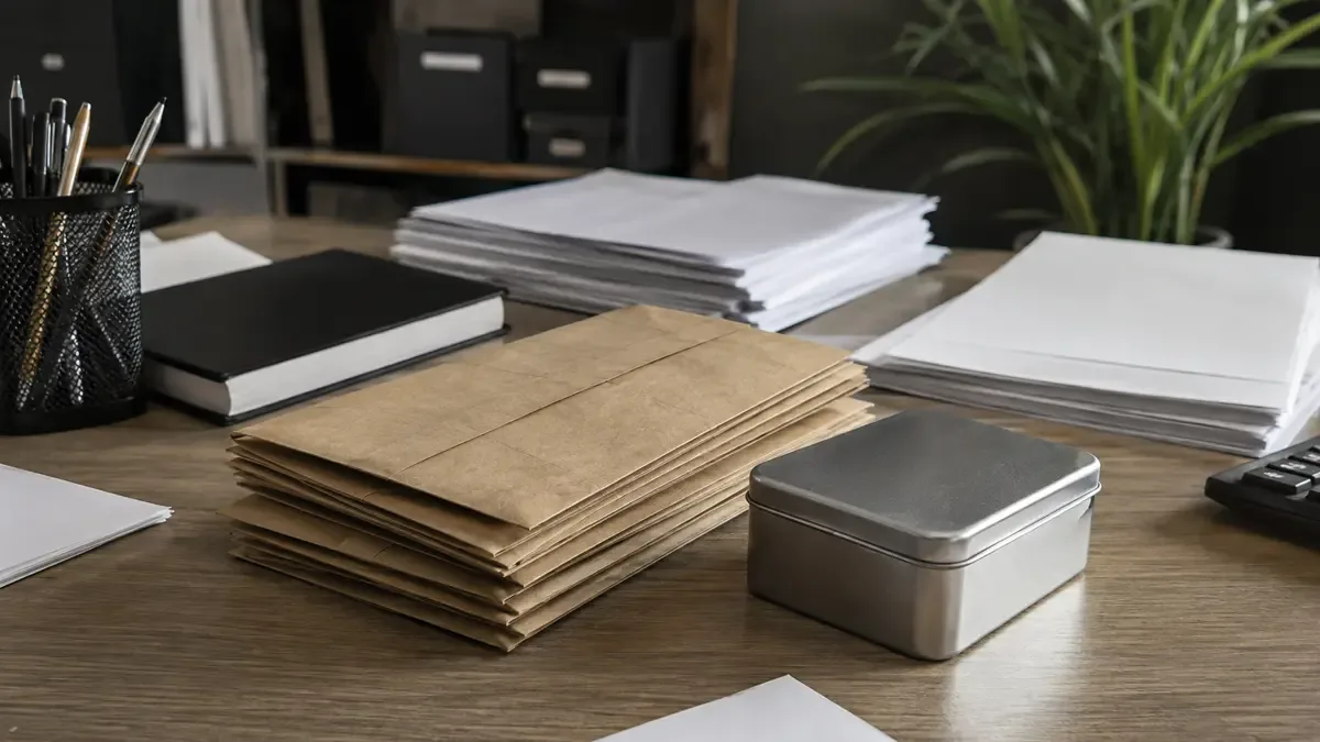 Sobres de ahorro cerrados y una caja metálica pequeña en un escritorio contable con papeles sin texto, plano medio documental, perspectiva natural