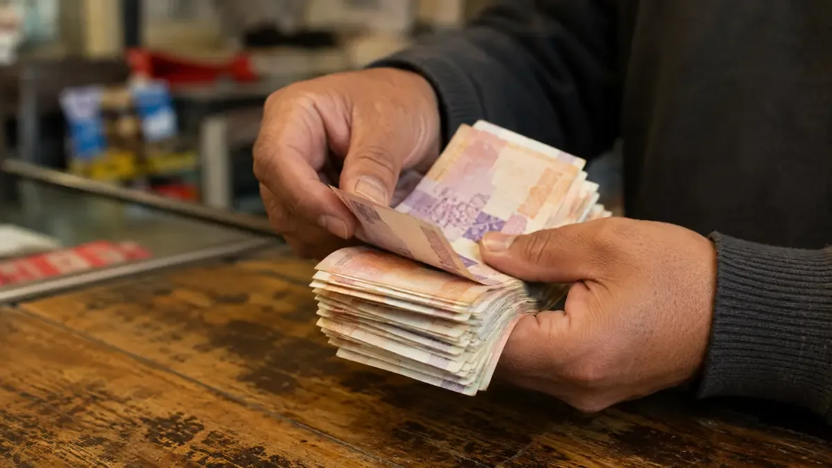 Manos contando un mazo de billetes sobre el mostrador de una casa de cambio