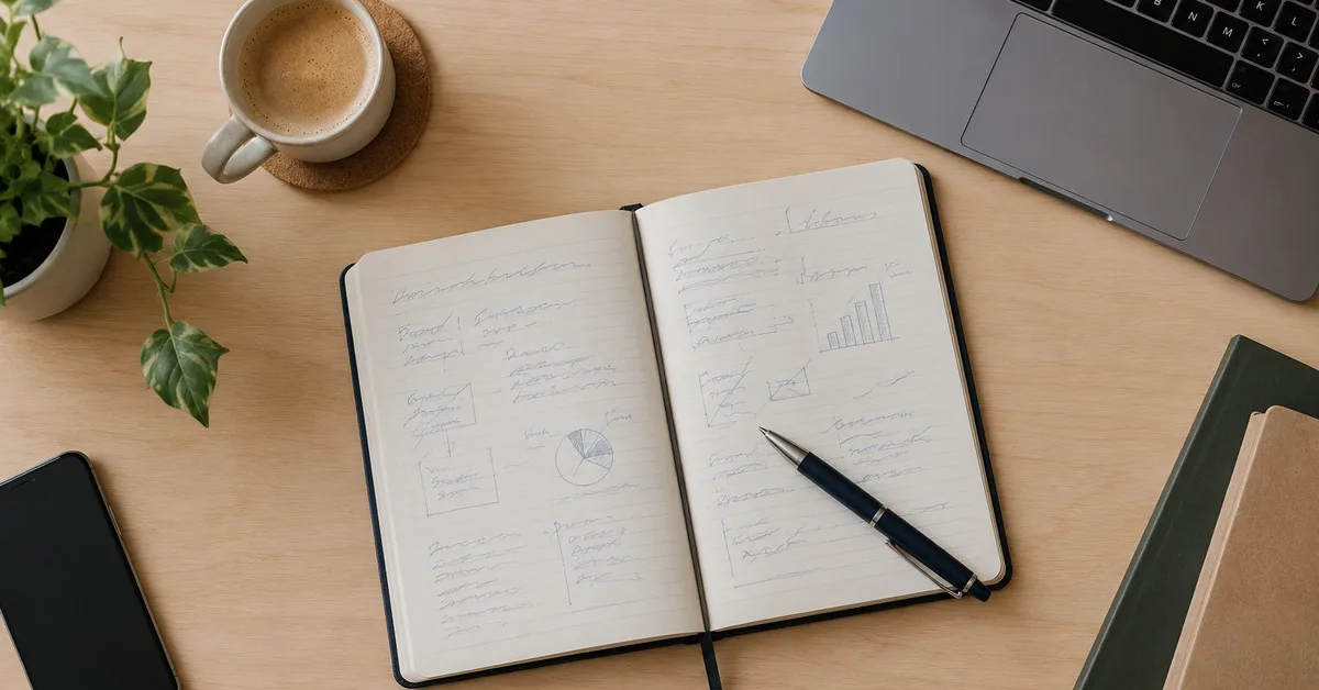 Cuaderno, lapicera y computadora para organizar información de un negocio; escena generada con IA.