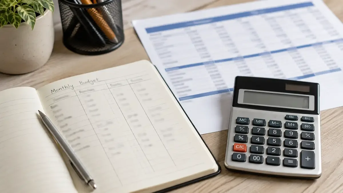 Calculadora, cuaderno y planilla de presupuesto sobre una mesa