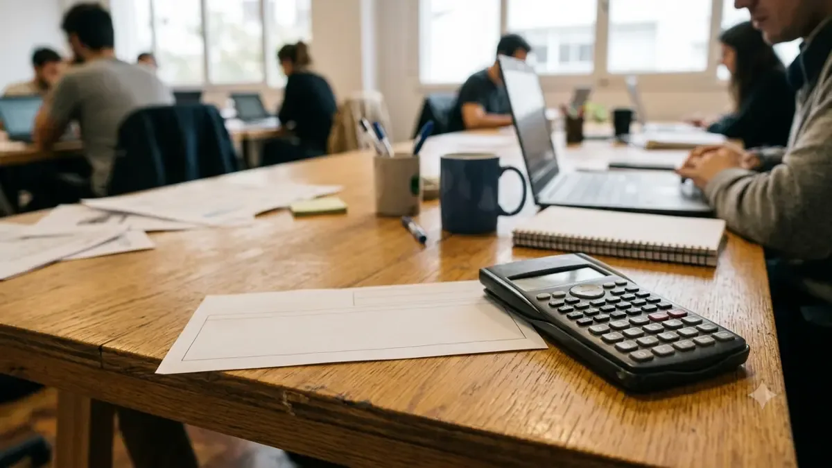 Un recibo salarial completamente en blanco junto a una calculadora en una mesa compartida de trabajo, plano medio documental, perspectiva natural