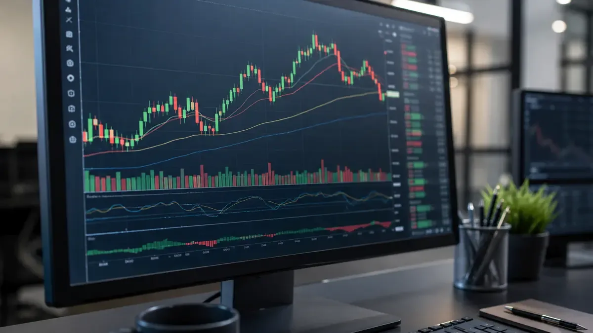 Pantalla con un gráfico de inversión bursátil, líneas y velas