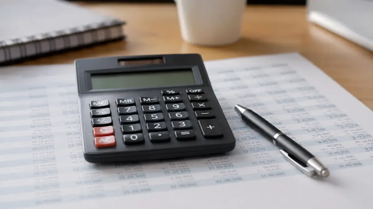 Calculadora sobre una planilla de números con una lapicera