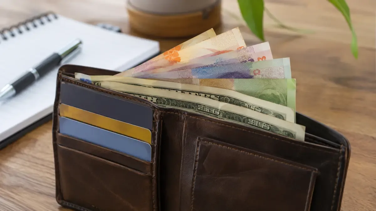 Billetera de cuero abierta con pesos y dólares mezclados adentro