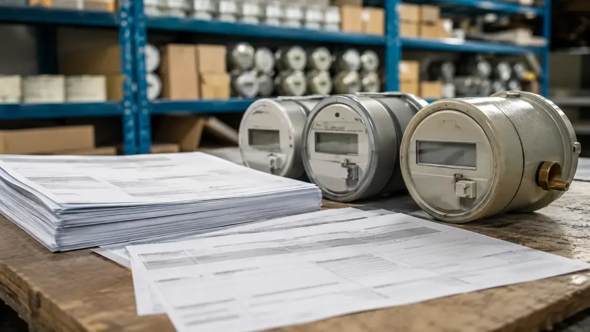 Boletas de servicios sin texto junto a medidores domésticos en un depósito logístico ordenado, vista en tres cuartos, profundidad de campo suave