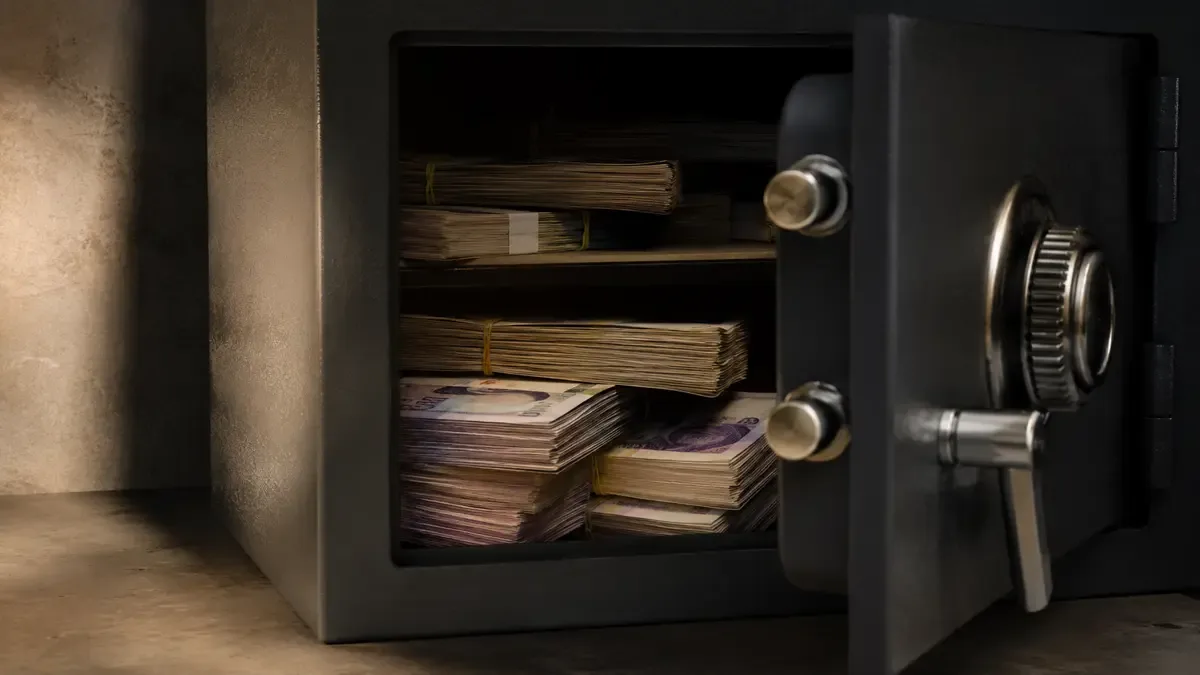 Caja fuerte entreabierta con fajos de billetes apilados adentro