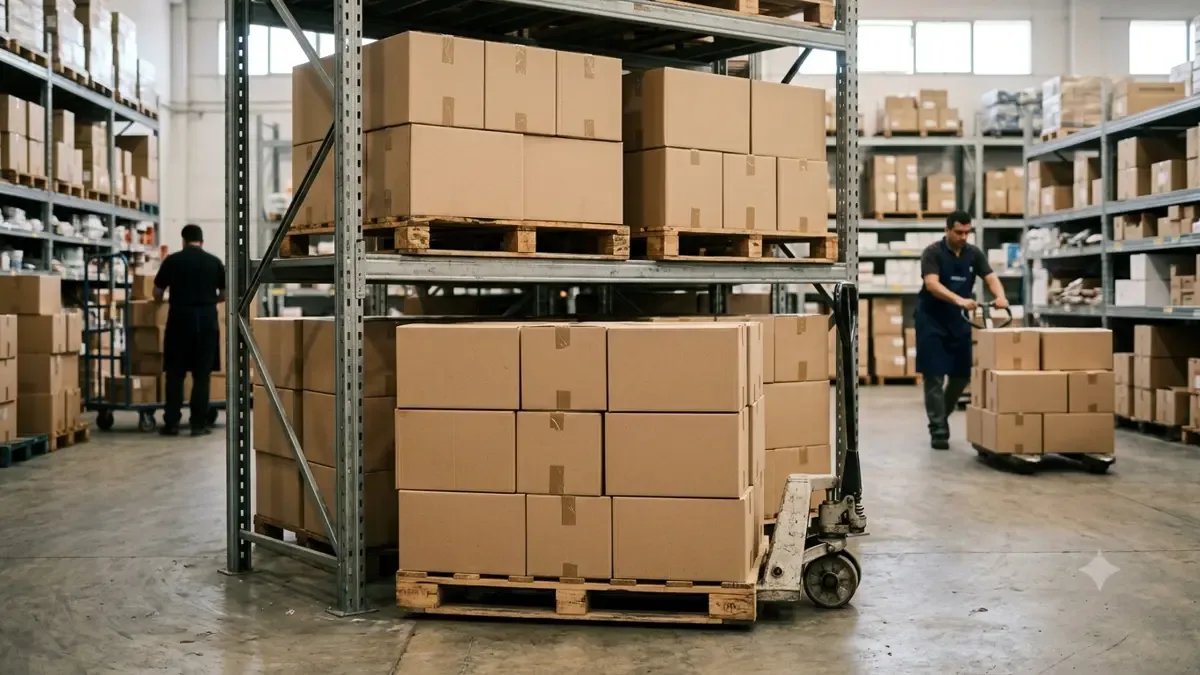 Pallets y cajas lisas preparados para despacho en una góndola de comercio sin marcas visibles, plano medio documental, perspectiva natural