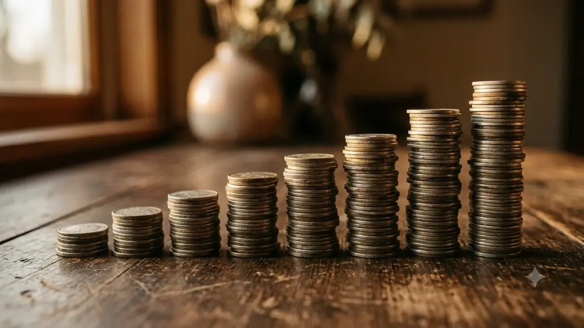 Monedas apiladas en columnas crecientes formando una escalera
