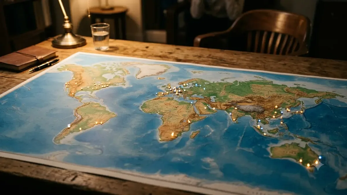 Mapa mundial con marcadores luminosos señalando plazas bursátiles