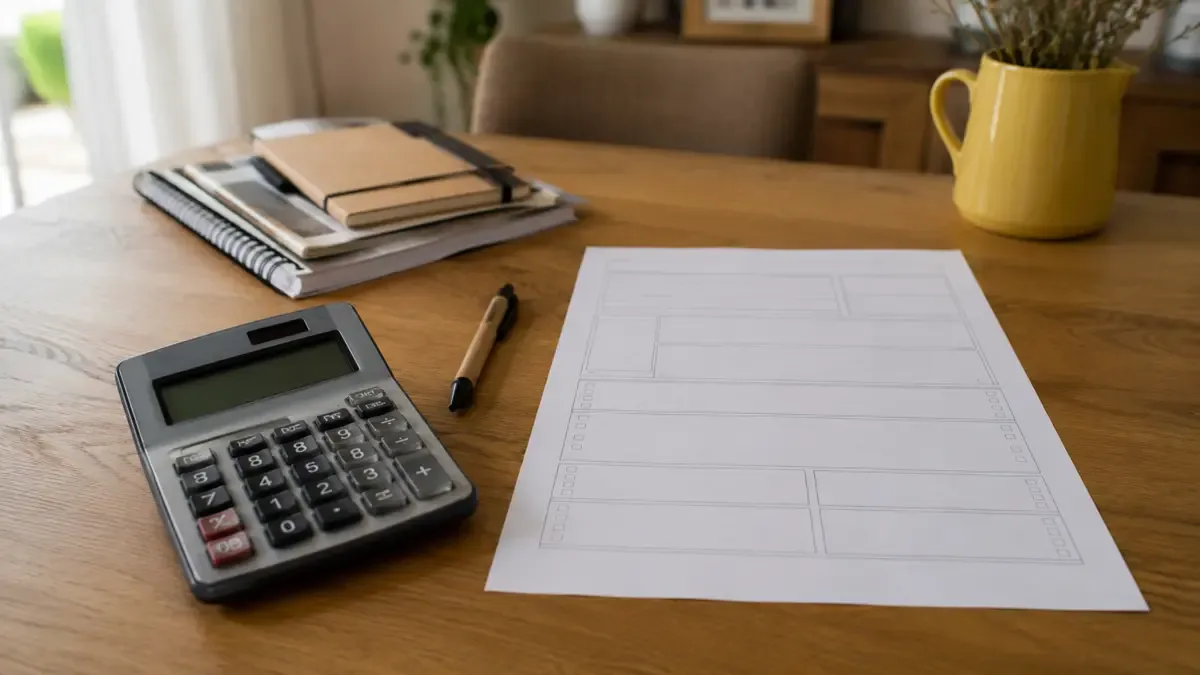 Un formulario fiscal en blanco con calculadora y lapicera en una mesa familiar de uso cotidiano, plano medio documental