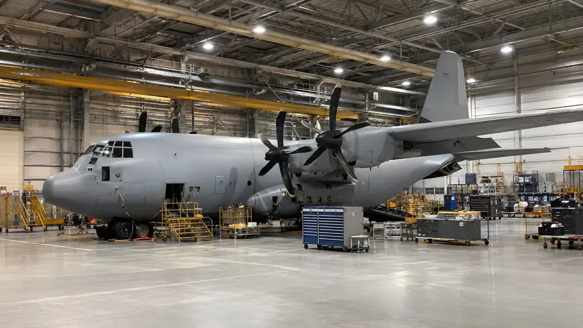 Avion de transporte de cuatro turbohelices dentro de un hangar con escaleras de servicio